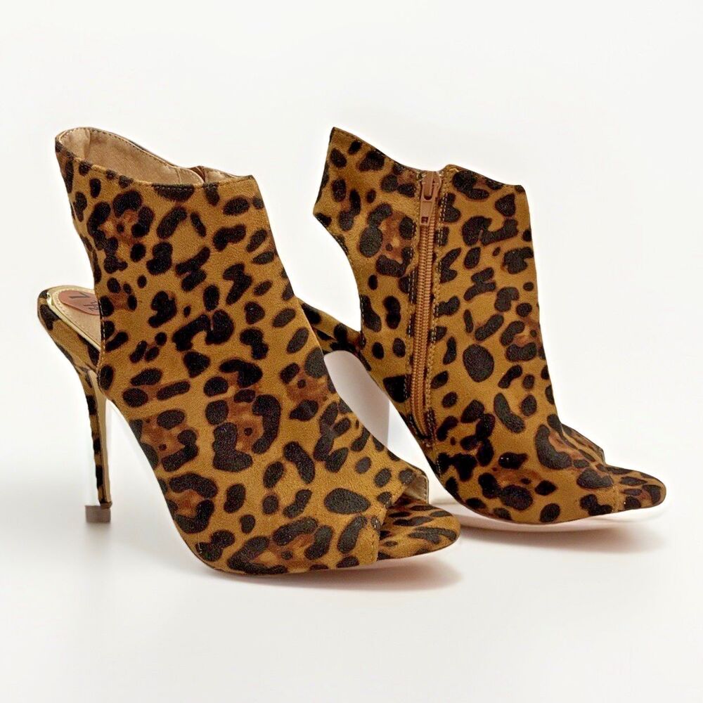 Liliana Stiletto Peep Toe Booties Sz 7.5 Brown Leopard High Heel Mob Wife Glam